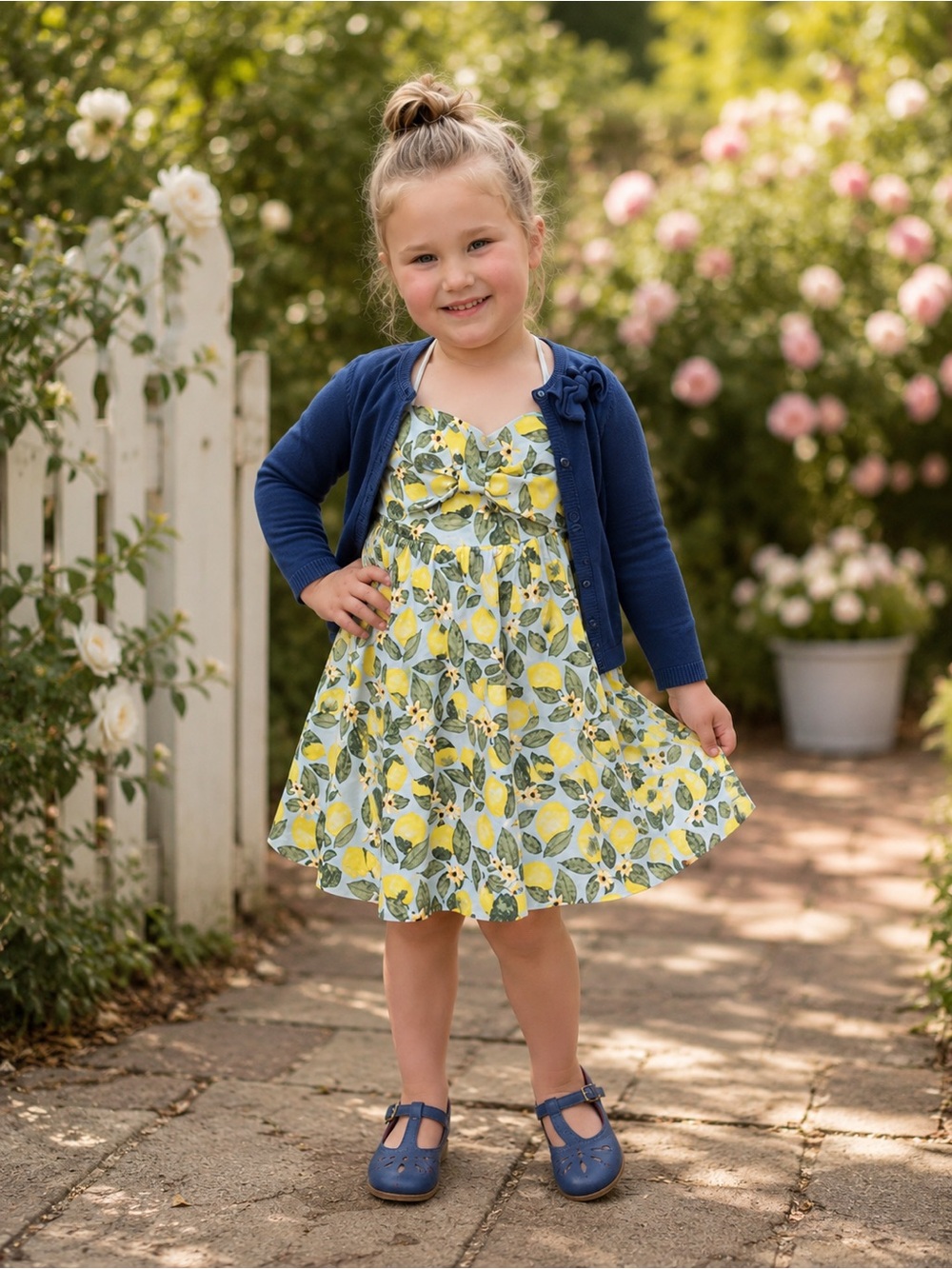 btween Yellow Lemon-Print Dress with Navy Cardigan